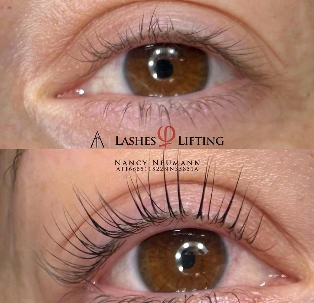 Wimpernlifting an einem braunen Auge, vorher und nachher