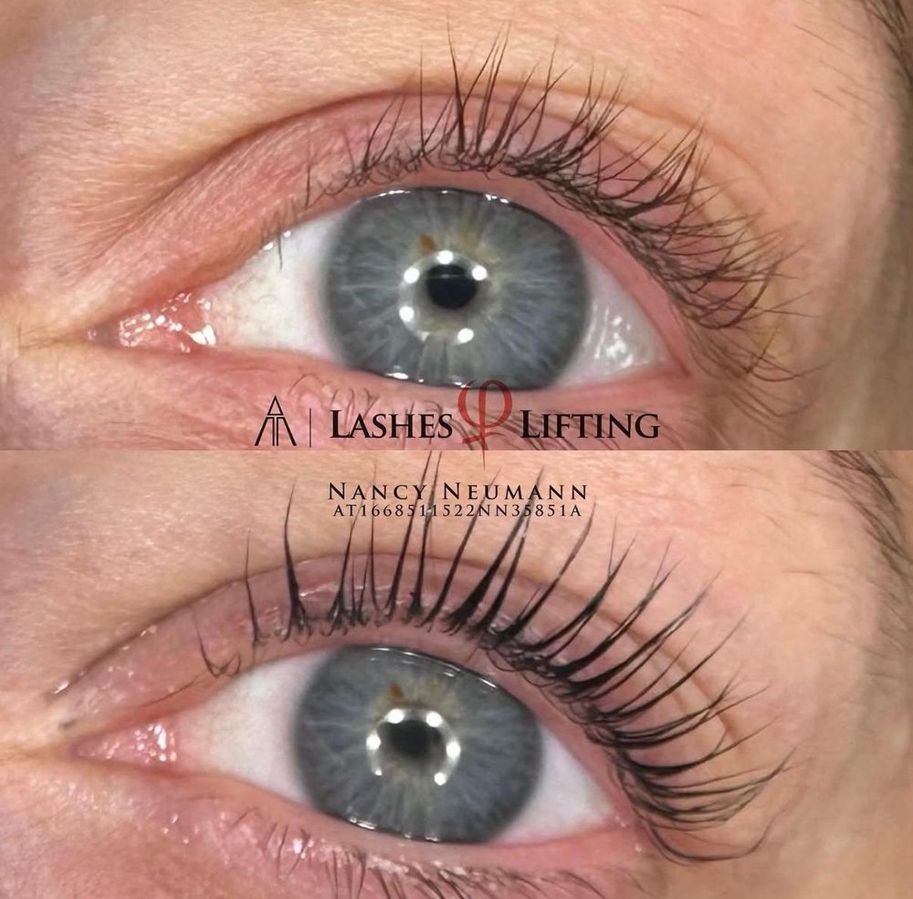 Wimpernlifting an einem blauen Auge, vorher und nachher